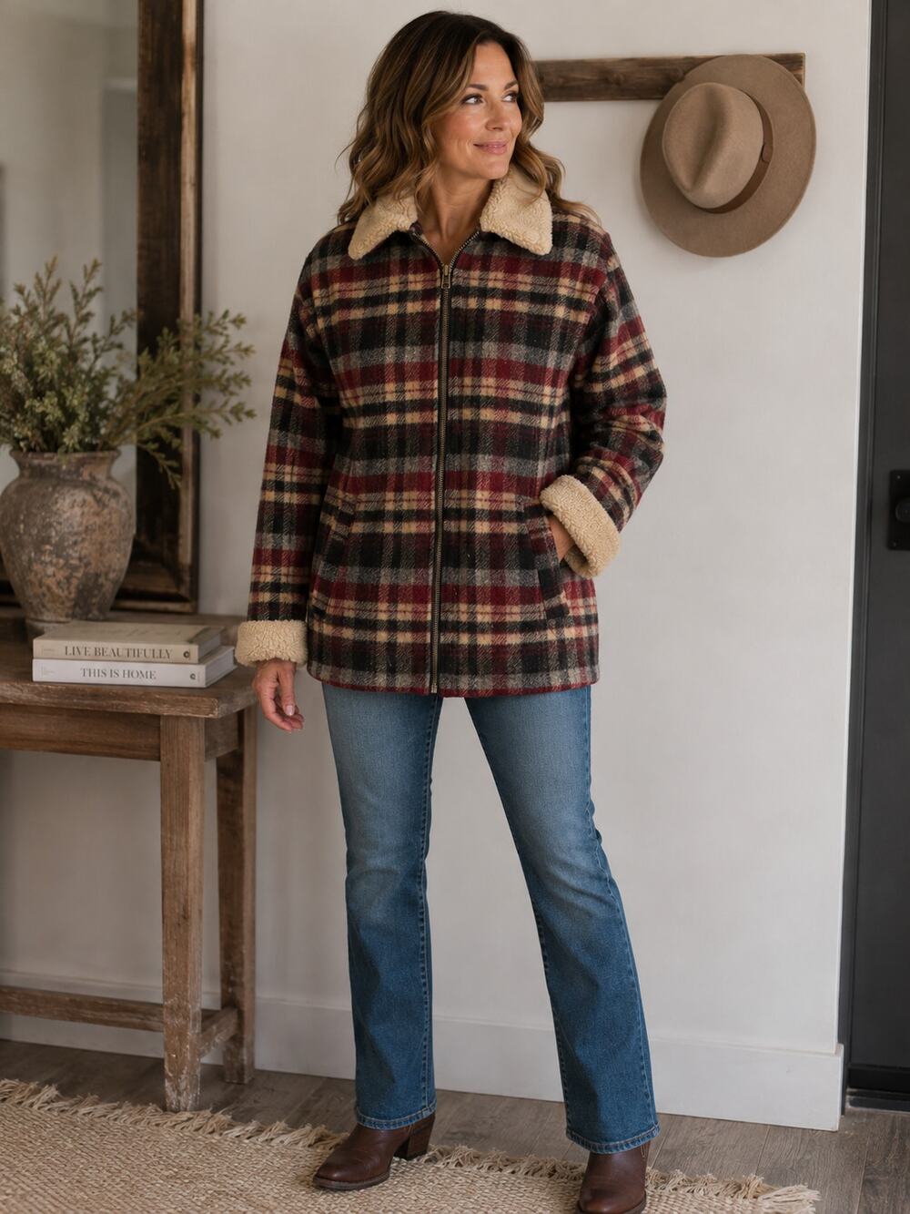 Woolrich Women’s S Plaid Wool Blend Sherpa Collar Zip Jacket Made Mexico